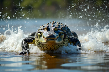 Obraz premium Alligator Powerful Emerging from Water Against Lush Greenery