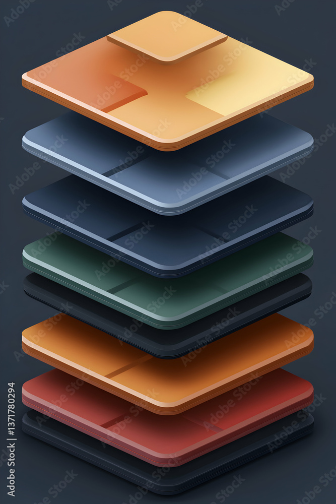 Poster isometric stack of layered square tiles in various colors