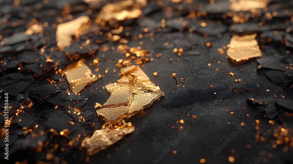 Poster abstract gold flakes on black surface luxurious background texture design element