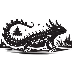 Black Yunnan Lake Newt Silhouette Vector, High Quality Illustration on White Background