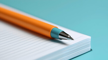 Fototapeta premium Orange Pen on Lined Notebook Against Teal Background