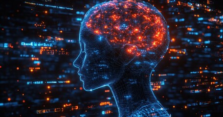 Futuristic Digital Art of Glowing Human Brain with Neon Light and Mathematical Formulas in Sci-Fi Aesthetic