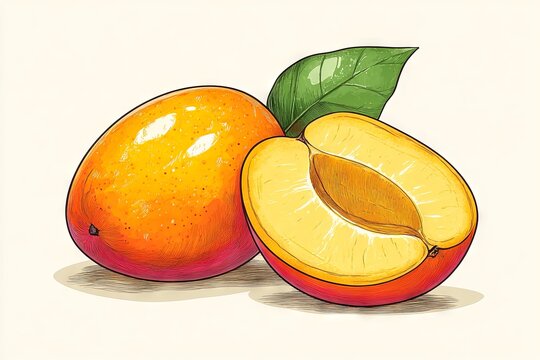 a cartoon of, line art of a kundang fruit, plum mango, shown whole and cut in half to reveal its bright orange, juicy flesh and a single seed.