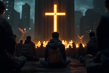 Obraz premium Futuristic Worship Gathering at Glowing Cross Monument – Dystopian Easter Vision of Hope
