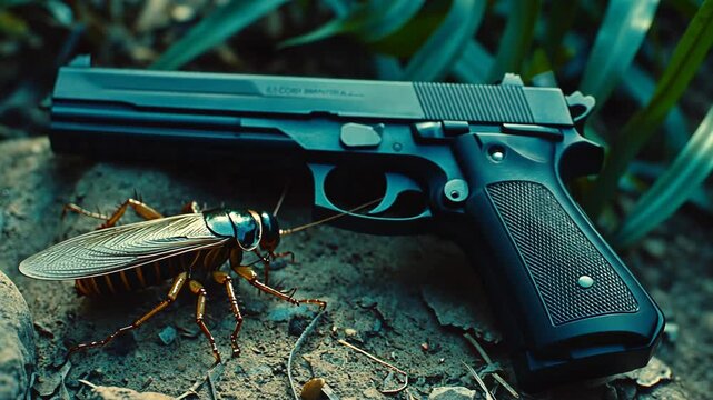 Cockroach beside a firearm in an outdoor setting during daylight hours with natural foliage in background