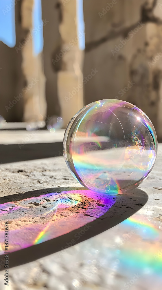 Poster iridescent soap bubble on stone surface with columned background