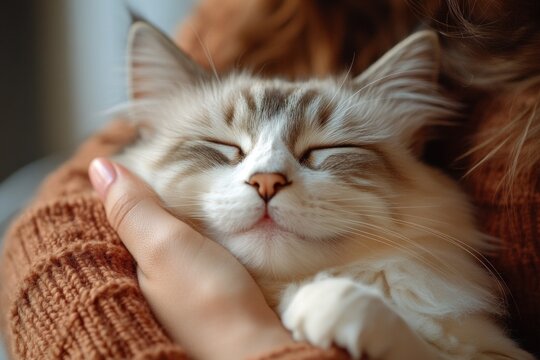 Fluffy Cat Being Petted in Soft Natural Light with Closed Eyes in Comforting Lap of Elderly Man