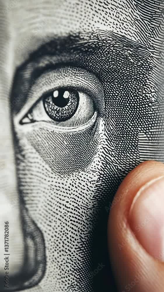 Poster close-up view of an eye on a banknote held by a finger in a well-lit setting highlighting intricate 