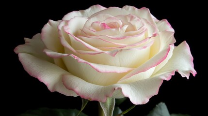 A Single Cream Rose With Pink Edges In Full Bloom