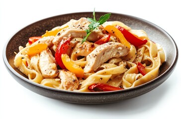 Delicious Chicken Pasta Dish with Bell Peppers in a Rustic Bowl
