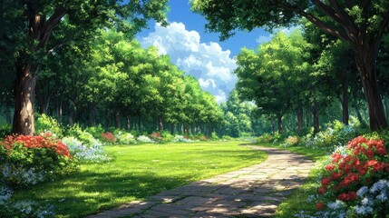 Sunny day in a beautiful park with flowers and cobblestone paths. Lush nature scene