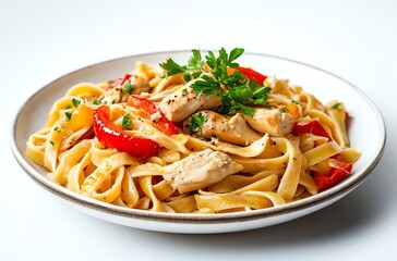 Delicious Chicken Fettuccine Pasta with Red Bell Peppers and Parsley