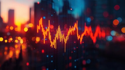 A dynamic stock market graph displayed on a screen against a vibrant cityscape backdrop at sunset illustrating financial trends and economic growth opportunities.