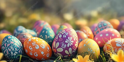 Fototapeta premium Colorful painted easter eggs lie hidden in the green grass, a traditional symbol of spring holiday celebration