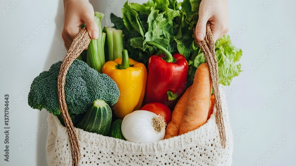 Poster assortment of fresh produce unpacked from eco-friendly reusable bag on minimal background
