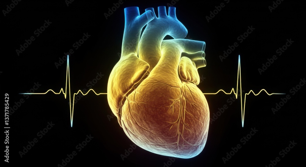 Poster dynamic visualization of a human heart with a heartbeat line against a black background