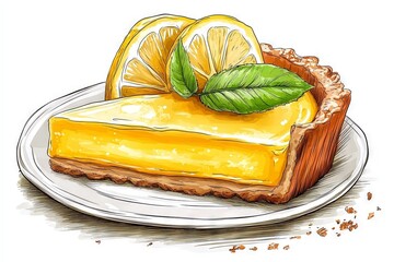 a cartoon of line art of a delicious slice of lemon cake with fresh mint on a white plate.
