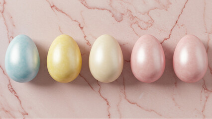 Five Easter eggs of luxury pearl color. Gorgeous pink marble pattern. Vector data.
