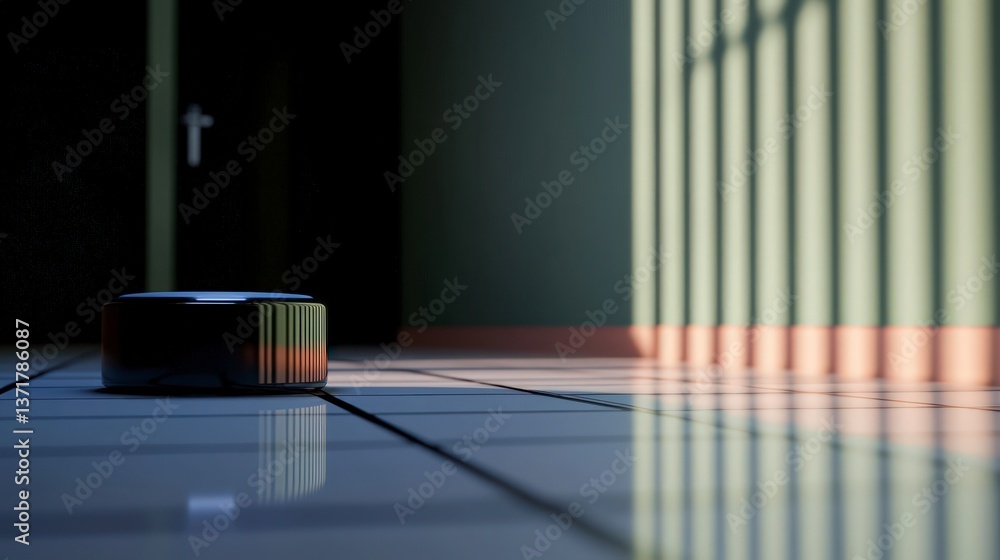 Poster mysterious black object on polished floor 3d render abstract minimalist scene