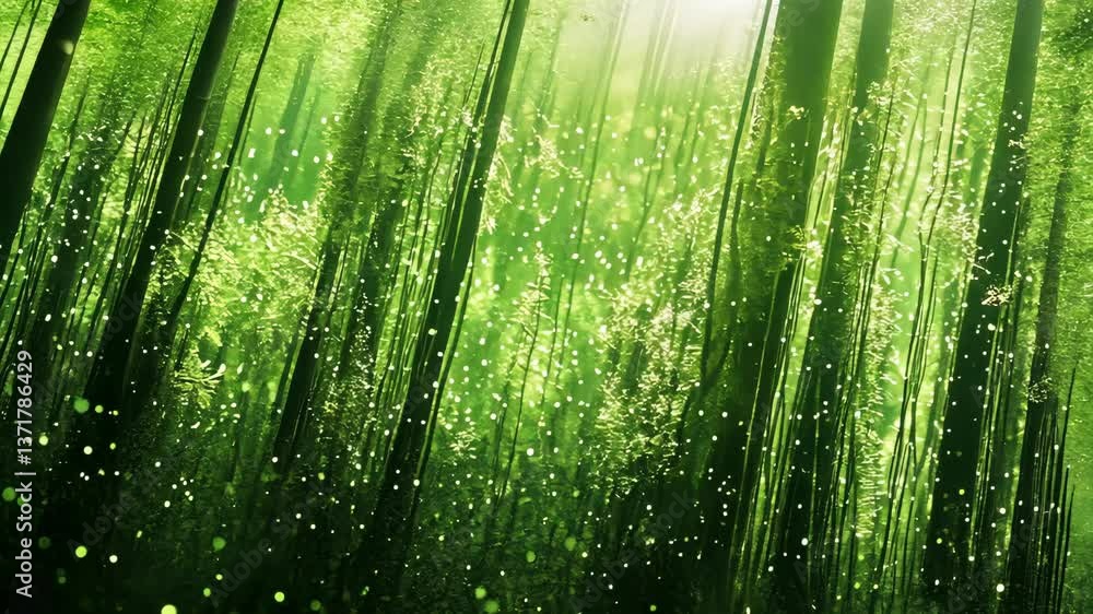 Poster lush green forest with vibrant light filtering through dense foliage, creating a tranquil atmosphere