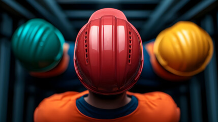 Overhead View of Three Workers Wearing Orange Uniforms and Safety Helmets