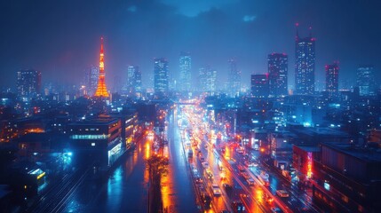 Fototapeta premium Tokyo Cityscape at Night Rainy Streets Neon Lights and Tower View