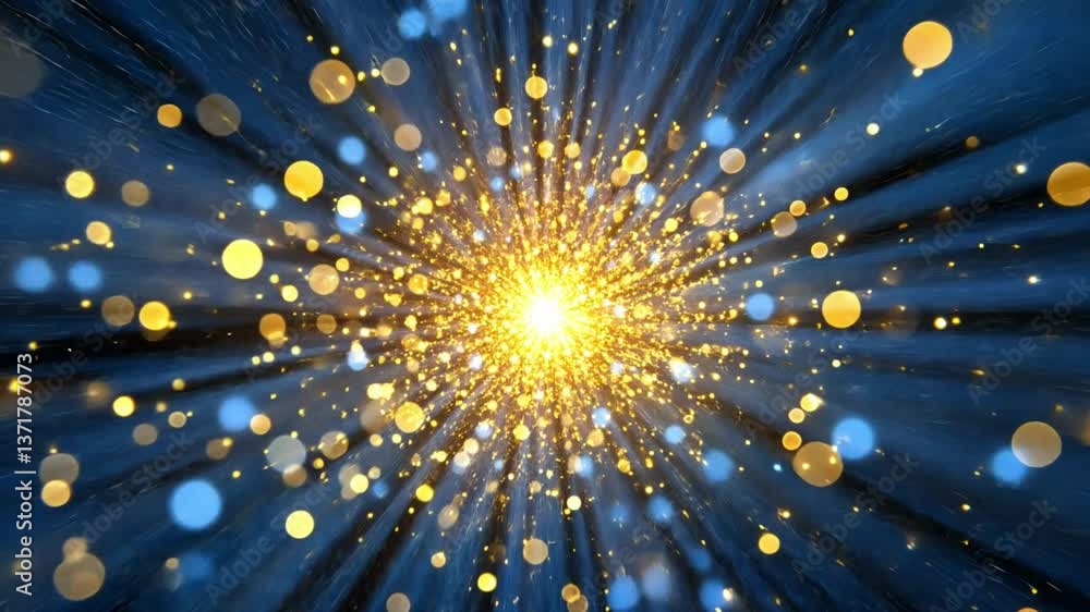Poster glowing particles in a cosmic background with blue and gold hues, creating a dynamic and vivid effec