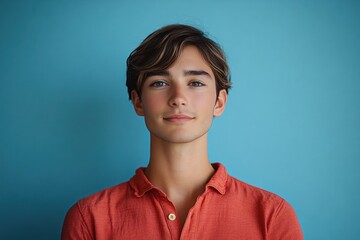 Fototapeta premium Portrait of a smiling young adult Latino man in a casual red shirt with arms crossed looking at the camera against a blue background