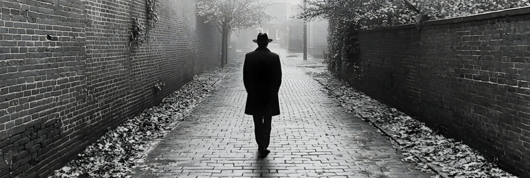 Fototapeta Man Walking Alone on a Foggy City Street