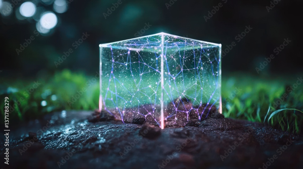 Poster glowing cube in nature abstract 3d render network technology energy