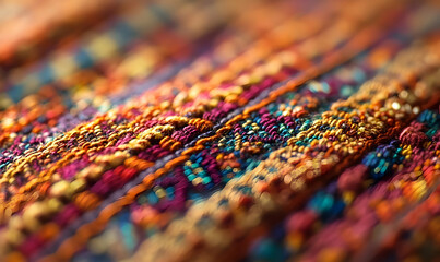 Obraz premium Close-up of vibrant woven textile showcasing intricate patterns and colors, ideal for design inspiration