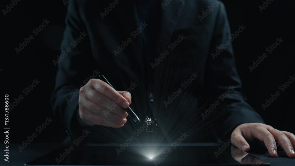 Poster human interact with ai artificial intelligence brain processor in concept of ai artificial intellige
