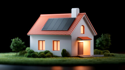 Illuminated Energy Efficient House Model with Rooftop Solar Panel at Night