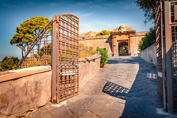 Gate to Aragonese Castle of Baia, Italy, Europe. Attractive morning scene of Italian countryside....