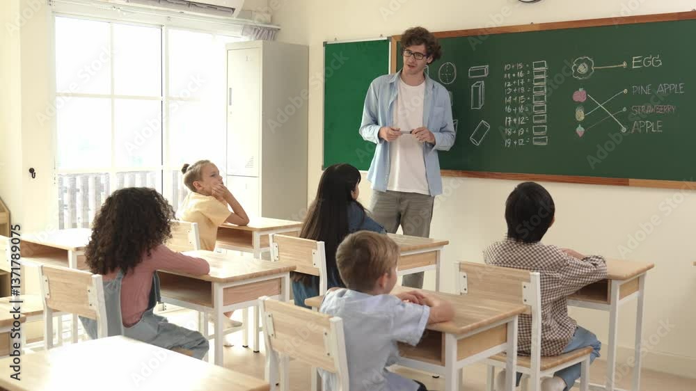 Poster caucasian teacher talking and explain about math theory at classroom while looking at student. smart