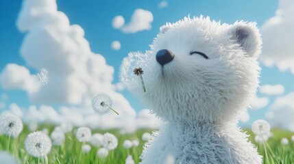 Fluffy White Teddy Bear in Dandelion Field under Sunny Sky