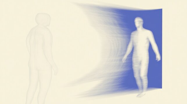 Two ethereal figures convey an abstract concept of human existence