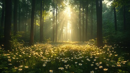 Obraz premium Magical Sunrise in a Misty Forest with Daisies Sunbeams Streaming Through Trees