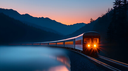 Passenger Train Traveling Along Scenic Coastal Mountain at Sunset