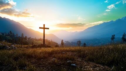 Obraz premium Sunrise Cross Hilltop Landscape Faith Hope Peace Nature