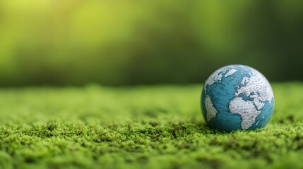 Close-up View of Small Globe Resting on Fresh Green Moss, Concept of Environmental Conservation and Ecological Balance