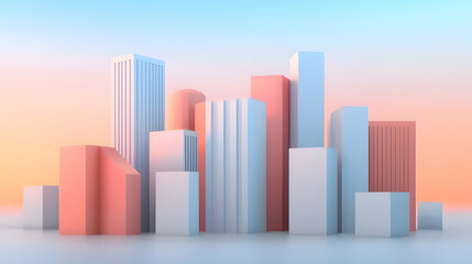 Pastel Cityscape at Sunset: Minimal Geometric Buildings