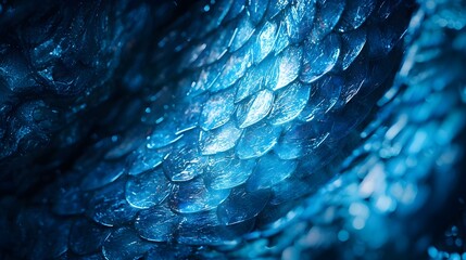 Shimmering blue dragon scales in a glowing underground cavern