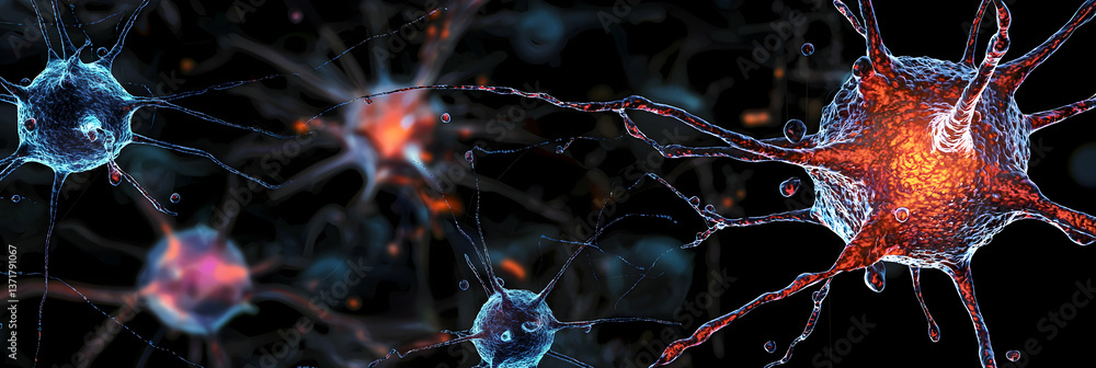 Poster microscopic view of interconnected neurons glowing in dark background
