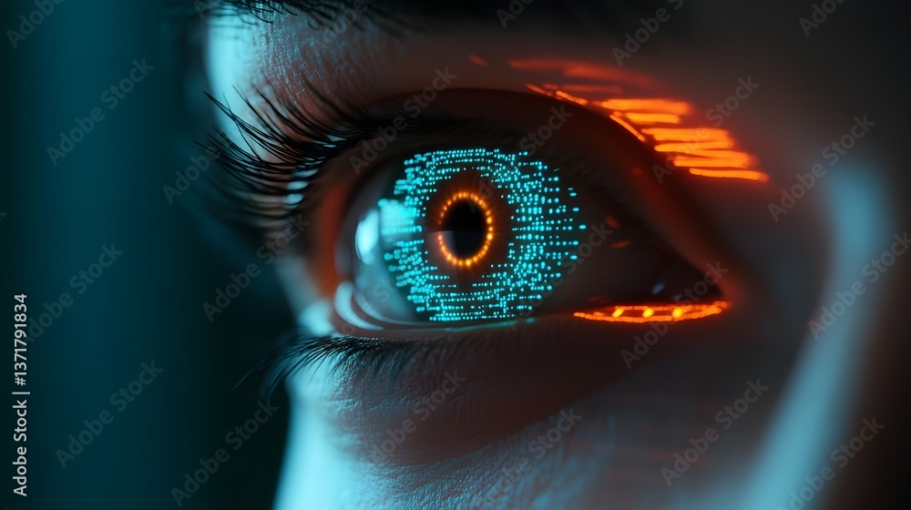 Poster intelligence analyzing data through neon-lit cybernetic interface