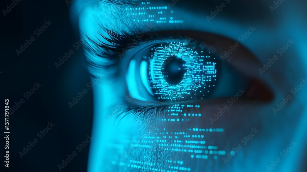 Poster intelligence analyzing data through neon-lit cybernetic eyes with futuristic sci-fi interface reflec