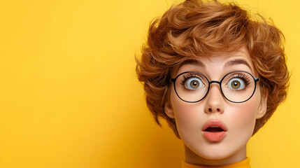 Surprised Young Woman with Red Curly Hair and Round Glasses on Yellow Background
