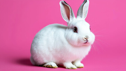 Obraz premium Adorable White Fluffy Bunny Rabbit on Pink Background