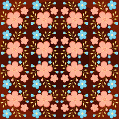 seamless pattern with blue and pink flowers, twigs and buds on a dark background in a sphere.