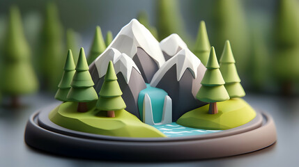 Isometric Digital Art of a Mountainous Forest Landscape